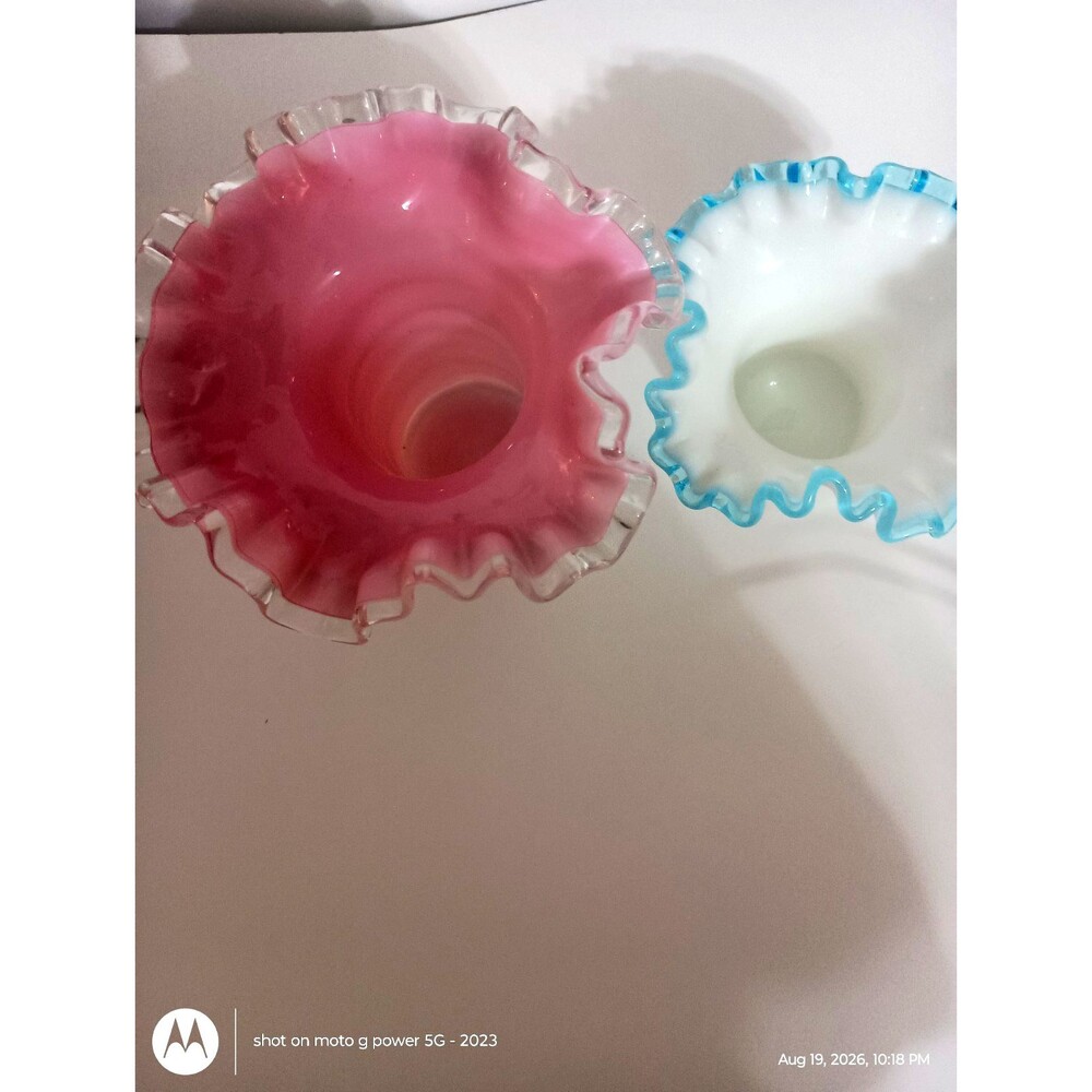 Two Vintage Fenton White Milk Glass vases one w/Pink & one w/Aqua, crimped edges